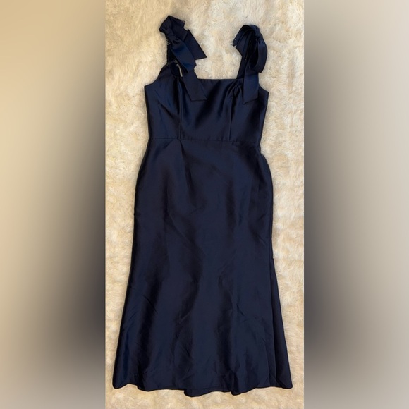 NEW Alfred Sung Bow Strap Satin Twill Trumpet MIDNIGHT NAVY Blue Gown sz 14 - Picture 2 of 6